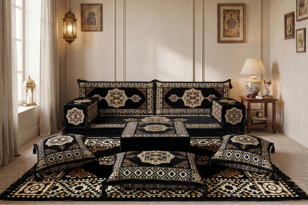 Marineblaues arabisches Sofa mit Ottomane und Teppich, Bodensitzkissen, Arabisches Jalsa-Set, Ecksofa, Arabische Sofagarnitur, Marokkanisches Sofa