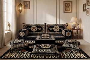 Marineblaues arabisches Sofa mit Ottomane und Teppich, Bodensitzkissen, Arabisches Jalsa-Set, Ecksofa, Arabische Sofagarnitur, Marokkanisches Sofa