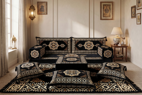 Marineblaues arabisches Sofa mit Ottomane und Teppich, Bodensitzkissen, Arabisches Jalsa-Set, Ecksofa, Arabische Sofagarnitur, Marokkanisches Sofa