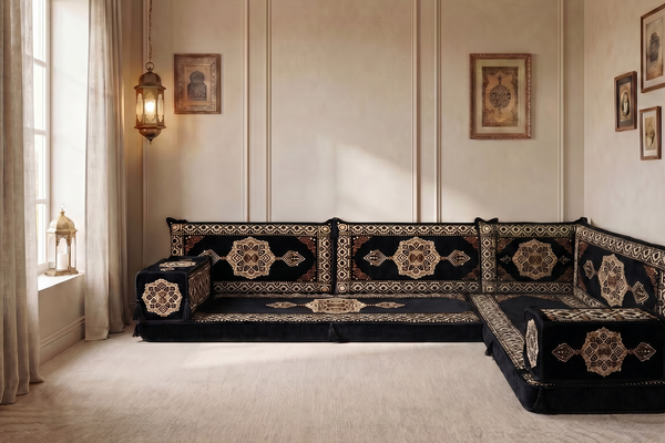 4 Zoll dickes L-Sofa-Set, arabisches Ecksofa, L-förmiges marineblaues türkisches Sofa, orientalische Bodenkissen, arabischer Majlis, traditionelles Wohnzimmersofa, arabisches Jalsa-Set