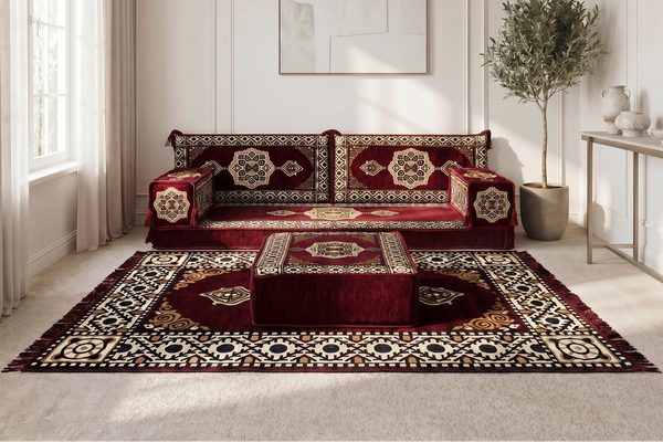 Marineblaues arabisches Sofa mit Ottomane und Teppich, Bodensitzkissen, Arabisches Jalsa-Set, Ecksofa, Arabische Sofagarnitur, Marokkanisches Sofa