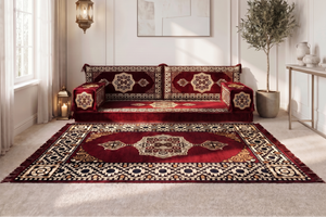 Marineblaues arabisches Sofa mit Ottomane und Teppich, Bodensitzkissen, Arabisches Jalsa-Set, Ecksofa, Arabische Sofagarnitur, Marokkanisches Sofa