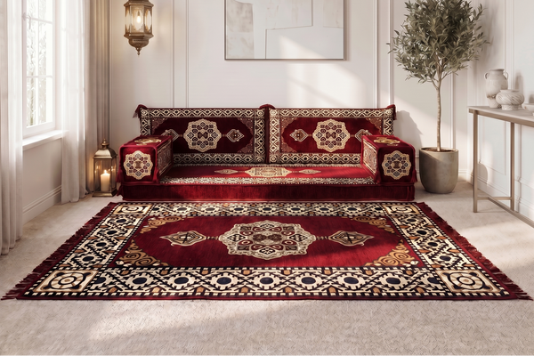 Marineblaues arabisches Sofa mit Ottomane und Teppich, Bodensitzkissen, Arabisches Jalsa-Set, Ecksofa, Arabische Sofagarnitur, Marokkanisches Sofa