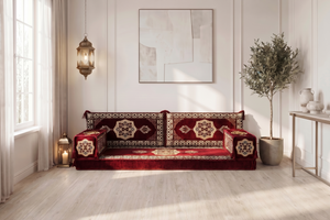 Marineblaues arabisches Sofa mit Ottomane und Teppich, Bodensitzkissen, Arabisches Jalsa-Set, Ecksofa, Arabische Sofagarnitur, Marokkanisches Sofa