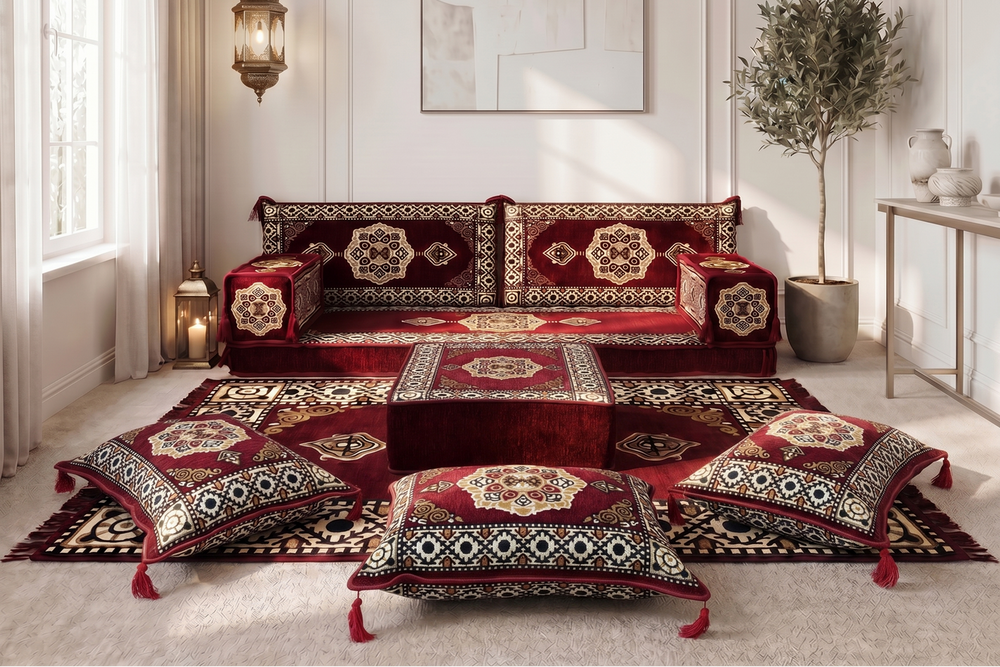 Marineblaues arabisches Sofa mit Ottomane und Teppich, Bodensitzkissen, Arabisches Jalsa-Set, Ecksofa, Arabische Sofagarnitur, Marokkanisches Sofa