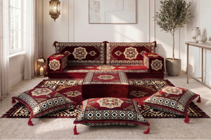 Marineblaues arabisches Sofa mit Ottomane und Teppich, Bodensitzkissen, Arabisches Jalsa-Set, Ecksofa, Arabische Sofagarnitur, Marokkanisches Sofa