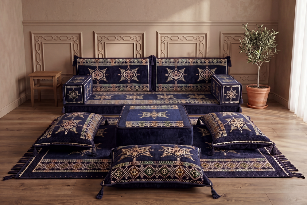Marineblaues arabisches Sofa mit Ottomane und Teppich, Bodensitzkissen, Arabisches Jalsa-Set, Ecksofa, Arabische Sofagarnitur, Marokkanisches Sofa