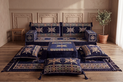 Canapé arabe bleu marine avec canapé ottoman et tapis, siège coussin de sol, ensemble Jalsa arabe, canapé modulaire, siège de canapé arabe, canapé marocain