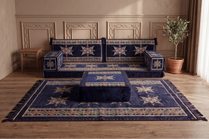 Canapé arabe bleu marine avec canapé ottoman et tapis, siège coussin de sol, ensemble Jalsa arabe, canapé modulaire, siège de canapé arabe, canapé marocain