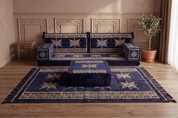 Canapé arabe bleu marine avec canapé ottoman et tapis, siège coussin de sol, ensemble Jalsa arabe, canapé modulaire, siège de canapé arabe, canapé marocain