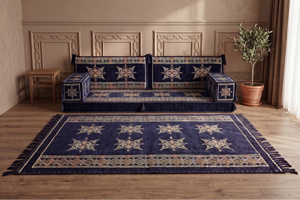 Canapé arabe bleu marine avec canapé ottoman et tapis, siège coussin de sol, ensemble Jalsa arabe, canapé modulaire, siège de canapé arabe, canapé marocain