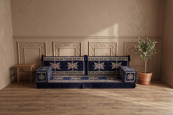 Canapé arabe bleu marine avec canapé ottoman et tapis, siège coussin de sol, ensemble Jalsa arabe, canapé modulaire, siège de canapé arabe, canapé marocain