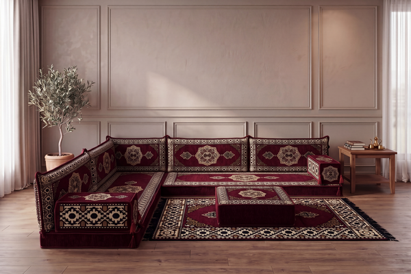 4 Zoll dickes L-Sofa-Set, arabisches Ecksofa, L-förmiges marineblaues türkisches Sofa, orientalische Bodenkissen, arabischer Majlis, traditionelles Wohnzimmersofa, arabisches Jalsa-Set
