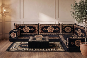 4 Zoll dickes L-Sofa-Set, arabisches Ecksofa, L-förmiges marineblaues türkisches Sofa, orientalische Bodenkissen, arabischer Majlis, traditionelles Wohnzimmersofa, arabisches Jalsa-Set