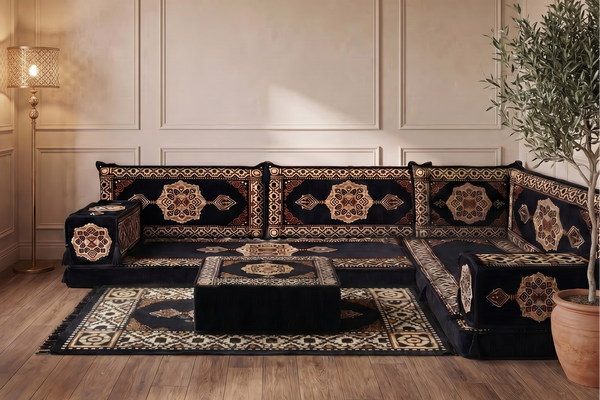4 Zoll dickes L-Sofa-Set, arabisches Ecksofa, L-förmiges marineblaues türkisches Sofa, orientalische Bodenkissen, arabischer Majlis, traditionelles Wohnzimmersofa, arabisches Jalsa-Set