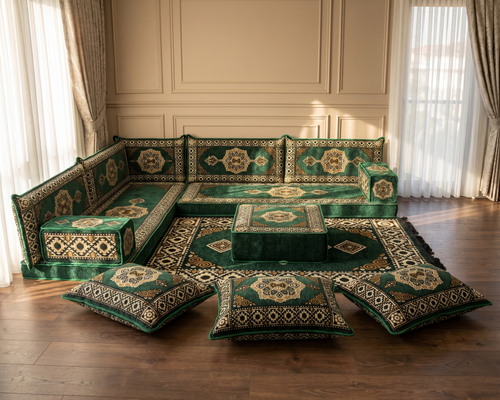 Ensemble de canapé en forme de L d'une épaisseur de 4'', canapé d'angle arabe au sol, canapé turc bleu marine en forme de L, coussins orientaux de sol, Majlis arabe, canapé traditionnel de salon, ensemble Jalsa arabe