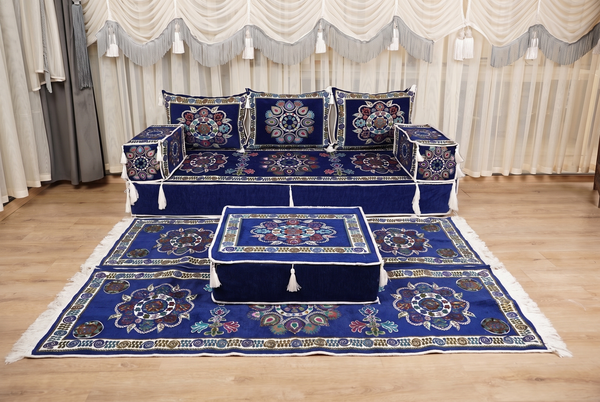 Royal Blue Bursa Silk Trail: U Shaped Floor Sofa Set – Arabic Floor Cushions – Washable Arabic Floor Sofa Set With Rug