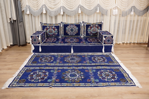 Royal Blue Bursa Silk Trail: U Shaped Floor Sofa Set – Arabic Floor Cushions – Washable Arabic Floor Sofa Set With Rug