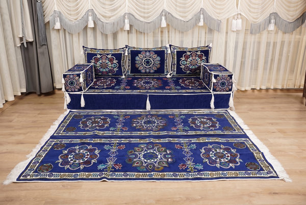 Royal Blue Bursa Silk Trail: U Shaped Floor Sofa Set – Arabic Floor Cushions – Washable Arabic Floor Sofa Set With Rug