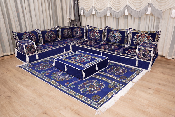 Royal Blue Bursa Silk Trail: U Shaped Floor Sofa Set – Arabic Floor Cushions – Washable Arabic Floor Sofa Set With Rug