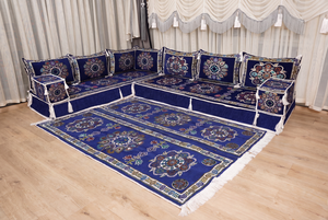 Royal Blue Bursa Silk Trail: U Shaped Floor Sofa Set – Arabic Floor Cushions – Washable Arabic Floor Sofa Set With Rug