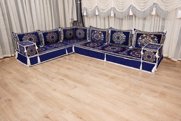 Royal Blue Bursa Silk Trail: U Shaped Floor Sofa Set – Arabic Floor Cushions – Washable Arabic Floor Sofa Set With Rug