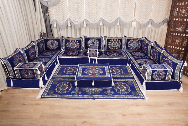 Royal Blue Bursa Silk Trail: U Shaped Floor Sofa Set – Arabic Floor Cushions – Washable Arabic Floor Sofa Set With Rug
