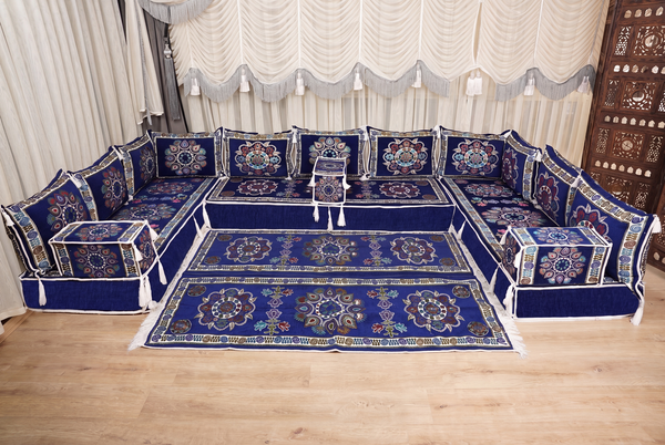 Royal Blue Bursa Silk Trail: U Shaped Floor Sofa Set – Arabic Floor Cushions – Washable Arabic Floor Sofa Set With Rug