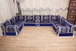 Royal Blue Bursa Silk Trail: U Shaped Floor Sofa Set – Arabic Floor Cushions – Washable Arabic Floor Sofa Set With Rug