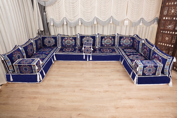 Royal Blue Bursa Silk Trail: U Shaped Floor Sofa Set – Arabic Floor Cushions – Washable Arabic Floor Sofa Set With Rug