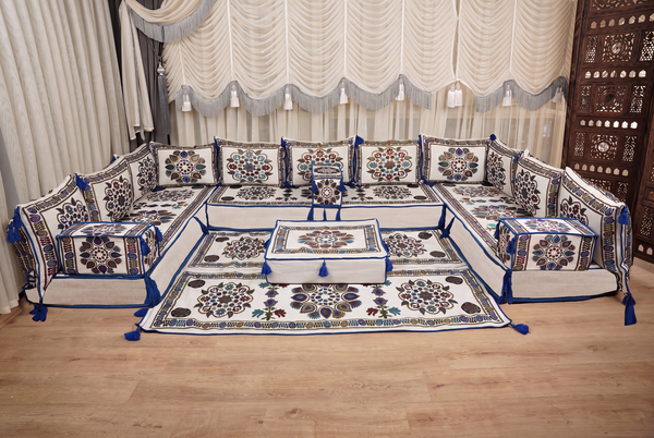 White Bursa Silk Trail: L Shaped Floor Sofa Set – Arabic Floor Cushion – Modular Floor Sofa – Middle Eastern Floor Sofa