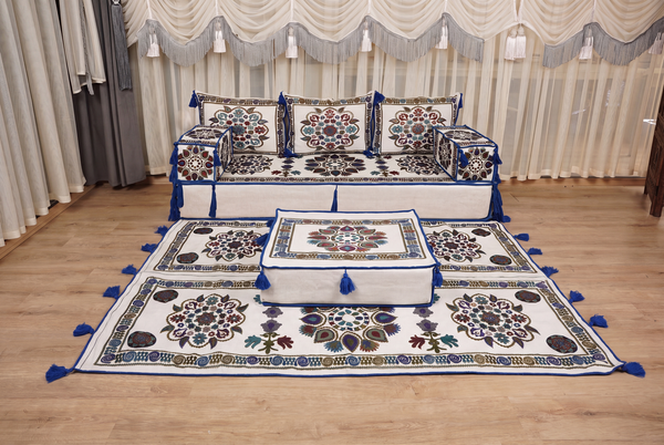 White Bursa Silk Trail: Single Floor Sofa Set – Arabic Majlis Sofa – Oriental Cushion Set – Turkish Moroccan Floor Couch