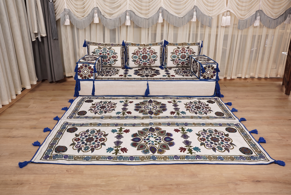 White Bursa Silk Trail: Single Floor Sofa Set – Arabic Majlis Sofa – Oriental Cushion Set – Turkish Moroccan Floor Couch