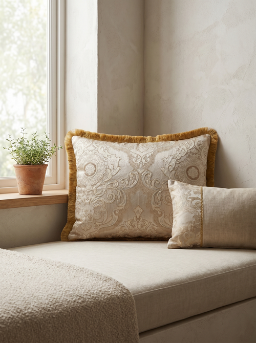 Cream Gold Honey Court: Maximalist Baroque Cushion – Damask Lumbar – Cord Trim
