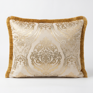 Champagne Honey Tapestry: Romantic Damask Lumbar Pillow – Jacquard Embroidered
