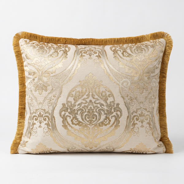 Champagne Honey Tapestry: Romantic Damask Lumbar Pillow – Jacquard Embroidered