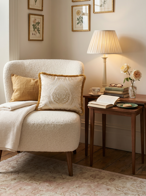 Champagne Honey Tapestry: Romantic Damask Lumbar Pillow – Jacquard Embroidered