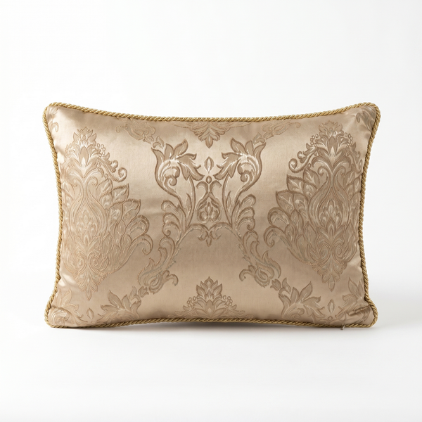 Champagne Honey Whisper: Hollywood Regency Lumbar Pillow – Damask – Corded Edge