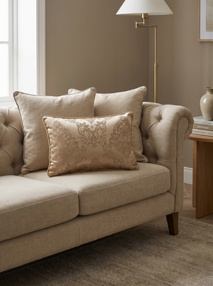 Champagne Honey Whisper: Hollywood Regency Lumbar Pillow – Damask – Corded Edge
