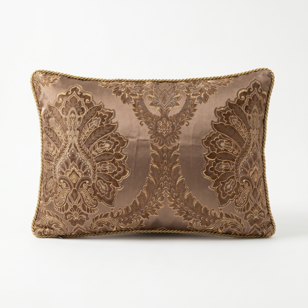 Pale Blue Lagoon Leaf: Maximalist Baroque Cushion – Damask Lumbar – Cord Trim