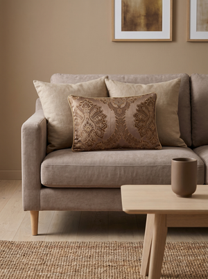 Pale Blue Lagoon Leaf: Maximalist Baroque Cushion – Damask Lumbar – Cord Trim