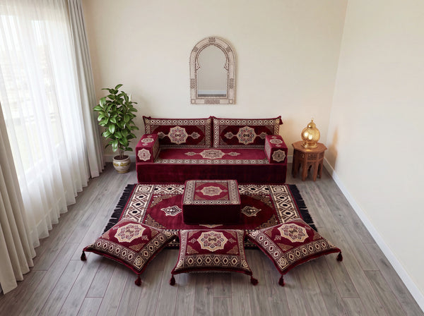 Marineblaues arabisches Sofa mit Ottomane und Teppich, Bodensitzkissen, Arabisches Jalsa-Set, Ecksofa, Arabische Sofagarnitur, Marokkanisches Sofa