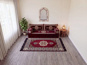 Marineblaues arabisches Sofa mit Ottomane und Teppich, Bodensitzkissen, Arabisches Jalsa-Set, Ecksofa, Arabische Sofagarnitur, Marokkanisches Sofa