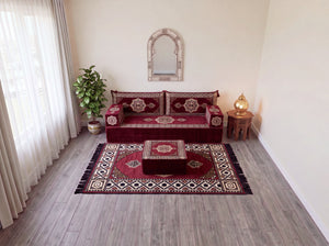 Marineblaues arabisches Sofa mit Ottomane und Teppich, Bodensitzkissen, Arabisches Jalsa-Set, Ecksofa, Arabische Sofagarnitur, Marokkanisches Sofa
