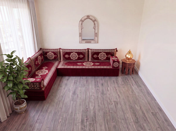 Maroon Moon Serenade: L Shaped Floor Sofa Set – Sectional Floor Sofa L Shape – Traditional Arabic Majlis – Floor Pouf Cushion
