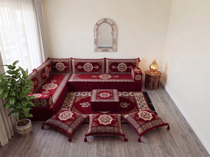 Maroon Moon Serenade: L Shaped Floor Sofa Set – Sectional Floor Sofa L Shape – Traditional Arabic Majlis – Floor Pouf Cushion