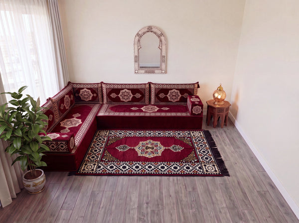 Maroon Moon Serenade: L Shaped Floor Sofa Set – Sectional Floor Sofa L Shape – Traditional Arabic Majlis – Floor Pouf Cushion