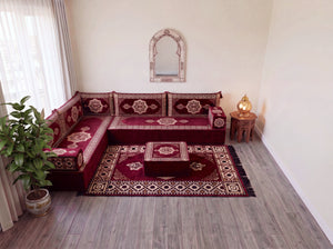 Maroon Moon Serenade: L Shaped Floor Sofa Set – Sectional Floor Sofa L Shape – Traditional Arabic Majlis – Floor Pouf Cushion
