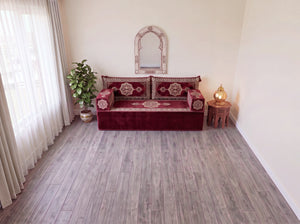 Marineblaues arabisches Sofa mit Ottomane und Teppich, Bodensitzkissen, Arabisches Jalsa-Set, Ecksofa, Arabische Sofagarnitur, Marokkanisches Sofa
