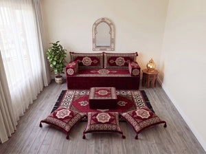 Marineblaues arabisches Sofa mit Ottomane und Teppich, Bodensitzkissen, Arabisches Jalsa-Set, Ecksofa, Arabische Sofagarnitur, Marokkanisches Sofa